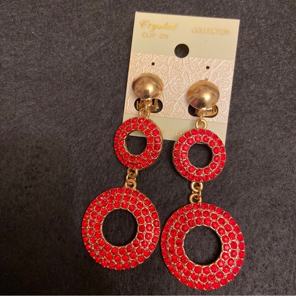 Crystal Collection Women’s Red Sparkling Double Disc Clip On Earrings. - Picture 3 of 3